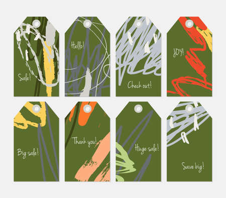 Roughly scribbled orange green gray orange tag set.Creative universal gift tags.Hand drawn textures.Ethic tribal design.Ready to print sale labels Isolated on layer.のイラスト素材