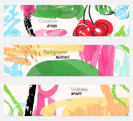 Cherries marker crayon texture white banner set.Hand drawn textures creative abstract design. Website header social media advertisement sale brochure templates. Isolated on layerのイラスト素材