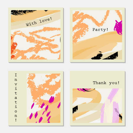 Crayon textured light orange strokes.Hand drawn creative invitation greeting cards. Poster, placard, flayer, design templates. Anniversary, Birthday, wedding, party cards set of 4. Isolated on layer.のイラスト素材