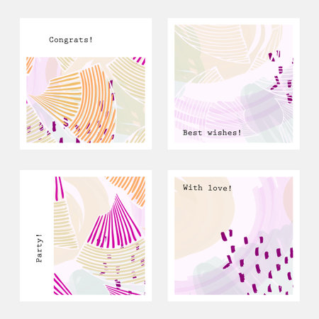 Pastel colored with purple dots.Hand drawn creative invitation greeting cards. Poster, placard,...
