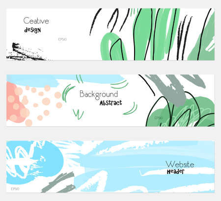 Roughly drawn floral elements white blue banner set.Hand drawn textures creative abstract design. Website header social media advertisement sale brochure templates. Isolated on layerのイラスト素材