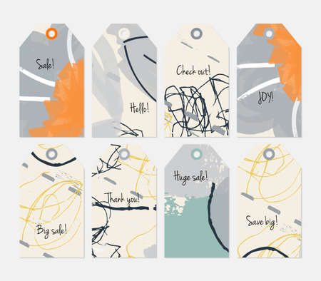Striped strokes with grunge scribbled gray tag set.Creative universal gift tags.Hand drawn textures.Ethic tribal design.Ready to print sale labels Isolated on layer.のイラスト素材