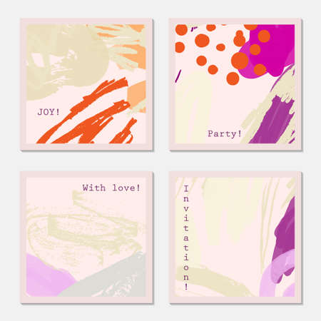 Light pastel colors with orange purple scribbles.Hand drawn creative invitation greeting cards. Poster, placard, flayer, design templates. Anniversary, Birthday, wedding, party cards set of 4. Isolated on layer.のイラスト素材