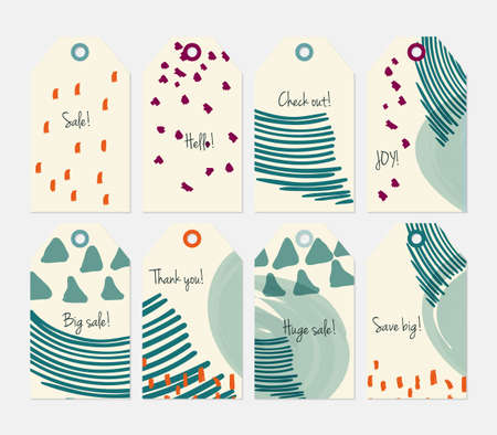 Doodles triangle dots marks light yellow green tag set.Creative universal gift tags.Hand drawn textures.Ethic tribal design.Ready to print sale labels Isolated on layer.のイラスト素材