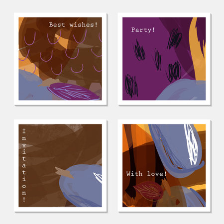 Purple plums and scribbles on brown.Hand drawn creative invitation greeting cards. Poster, placard, flayer, design templates. Anniversary, Birthday, wedding, party cards set of 4. Isolated on layer.のイラスト素材