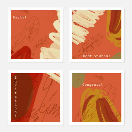 Roughly sketched trees on brown.Hand drawn creative invitation greeting cards. Poster, placard, flayer, design templates. Anniversary, Birthday, wedding, party cards set of 4. Isolated on layer.のイラスト素材