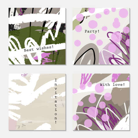 Grunge texture rough strokes white purple green.Hand drawn creative invitation greeting cards. Poster, placard, flayer, design templates. Anniversary, Birthday, wedding, party cards set of 4. Isolated on layer.のイラスト素材