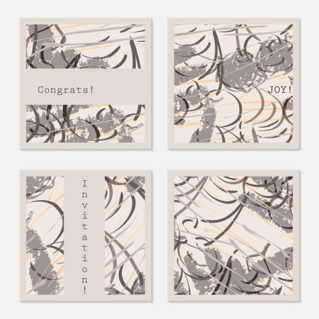 Pencil drawn cherries on gray scribbles and copy space.Hand drawn creative invitation greeting cards. Poster, placard, flayer, design templates. Anniversary, Birthday, wedding, party cards set of 4. Isolated on layer.のイラスト素材