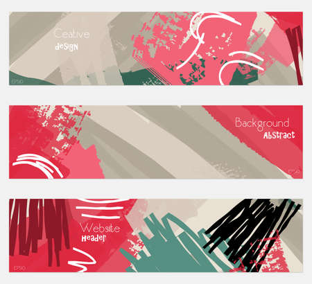 Grudge textured strokes red gray banner set.Hand drawn textures creative abstract design. Website header social media advertisement sale brochure templates. Isolated on layerのイラスト素材