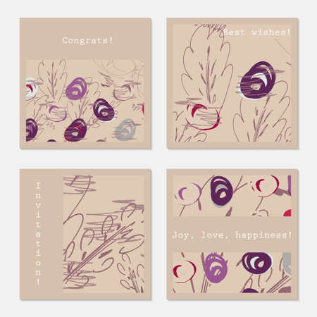 Scribbled purple birds and trees.Hand drawn creative invitation greeting cards. Poster, placard, flayer, design templates. Anniversary, Birthday, wedding, party cards set of 4. Isolated on layer.のイラスト素材