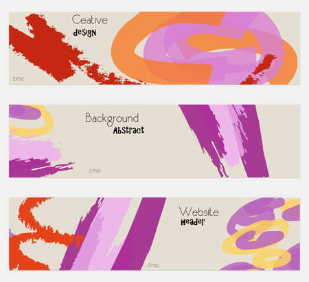 Marker strokes and doodles cream purple banner set.Hand drawn textures creative abstract design. Website header social media advertisement sale brochure templates. Isolated on layerのイラスト素材
