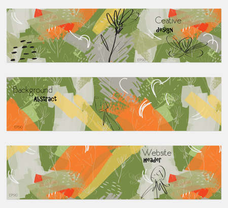 Roughly drawn dandelion orange green banner set.Hand drawn textures creative abstract design. Website header social media advertisement sale brochure templates. Isolated on layerのイラスト素材