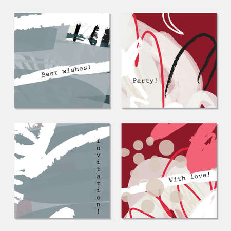 Grunge texture rough strokes white gray pink red.Hand drawn creative invitation greeting cards. Poster, placard, flayer, design templates. Anniversary, Birthday, wedding, party cards set of 4. Isolated on layer.のイラスト素材