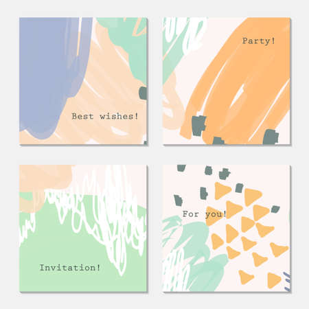 Yellow triangles white scribbles on green.Hand drawn creative invitation greeting cards. Poster, placard, flayer, design templates. Anniversary, Birthday, wedding, party cards set of 4. Isolated on layer.のイラスト素材