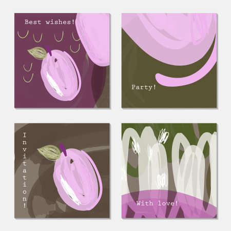Light purple plums and scribbles on green.Hand drawn creative invitation greeting cards. Poster, placard, flayer, design templates. Anniversary, Birthday, wedding, party cards set of 4. Isolated on layer.のイラスト素材