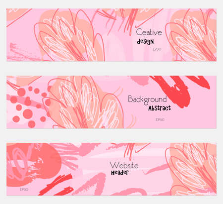 Roughly drawn floral elements pink banner set.Hand drawn textures creative abstract design. Website header social media advertisement sale brochure templates. Isolated on layerのイラスト素材