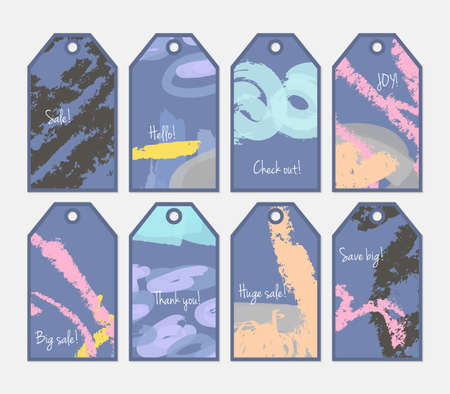 Crayon textured strokes and marker blue tag set.Creative universal gift tags.Hand drawn textures.Ethic tribal design.Ready to print sale labels Isolated on layer.のイラスト素材