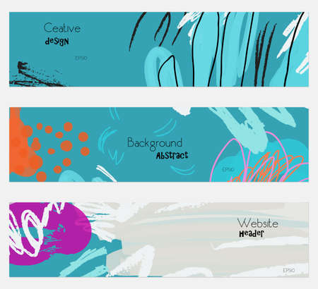 Roughly drawn floral elements cyan blue banner set.Hand drawn textures creative abstract design. Website header social media advertisement sale brochure templates. Isolated on layerのイラスト素材