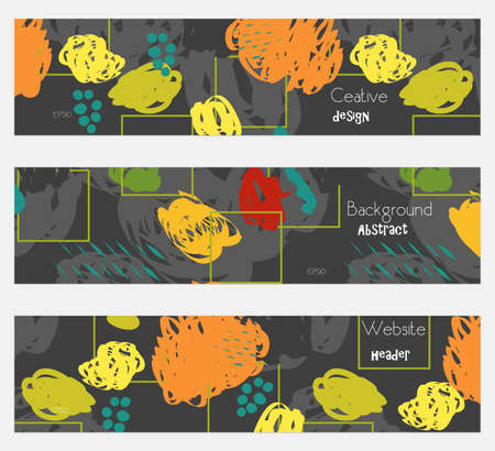 Geometrical squares and scribbles black banner set.Hand drawn textures creative abstract design. Website header social media advertisement sale brochure templates. Isolated on layerのイラスト素材