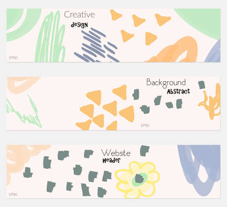 Doodled triangles scribbles orange white banner set.Hand drawn textures creative abstract design. Website header social media advertisement sale brochure templates. Isolated on layerのイラスト素材