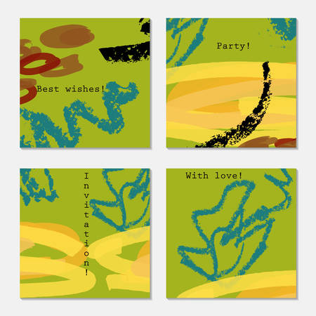 Crayon textured blue strokes on bright green.Hand drawn creative invitation greeting cards. Poster, placard, flayer, design templates. Anniversary, Birthday, wedding, party cards set of 4. Isolated on layer.のイラスト素材