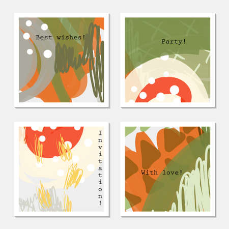 White dots and triangles on orange green.Hand drawn creative invitation greeting cards. Poster, placard, flayer, design templates. Anniversary, Birthday, wedding, party cards set of 4. Isolated on layer.のイラスト素材