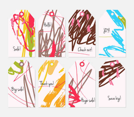 Roughly scribbled orange red brown cream tag set.Creative universal gift tags.Hand drawn textures.Ethic tribal design.Ready to print sale labels Isolated on layer.のイラスト素材