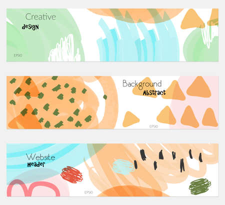 Doodled triangles scribbles white orange banner set.Hand drawn textures creative abstract design. Website header social media advertisement sale brochure templates. Isolated on layerのイラスト素材