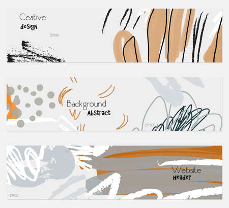 Roughly drawn floral elements cream brown banner set.Hand drawn textures creative abstract design. Website header social media advertisement sale brochure templates. Isolated on layerのイラスト素材