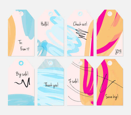 Grunge texture rough strokes floral sketch blue cream tag set.Creative universal gift tags.Hand drawn textures.Ethic tribal design.Ready to print sale labels Isolated on layer.のイラスト素材