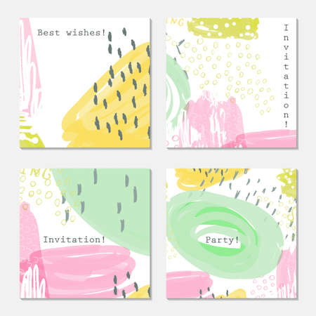 Doodles and scribbled white mint yellow.Hand drawn creative invitation greeting cards. Poster, placard, flayer, design templates. Anniversary, Birthday, wedding, party cards set of 4. Isolated on layer.のイラスト素材