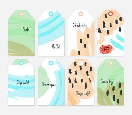 Seasonal with marker strokes white orange tag set.Creative universal gift tags.Hand drawn textures.Ethic tribal design.Ready to print sale labels Isolated on layer.のイラスト素材