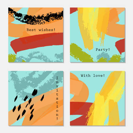 Rough strokes orange black red textured on blue.Hand drawn creative invitation greeting cards. Poster, placard, flayer, design templates. Anniversary, Birthday, wedding, party cards set of 4. Isolated on layer.のイラスト素材