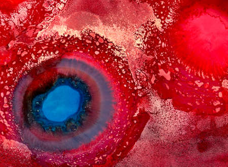 Red textured with big blue.Colorful background hand drawn with bright inks and watercolor paints. Color splashes and splatters create uneven artistic modern design.の写真素材