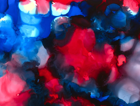 Black white blue bright red paint merging spots.Colorful background hand drawn with bright inks and watercolor paints. Color splashes and splatters create uneven artistic modern design.の写真素材