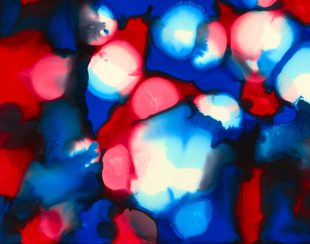 Red blue white black uneven paint merging spots.Colorful background hand drawn with bright inks and watercolor paints. Color splashes and splatters create uneven artistic modern design.の写真素材