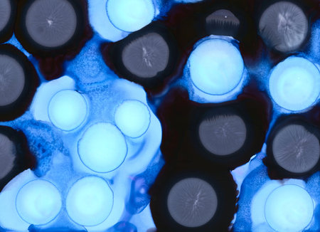 Round light blue and gray spots on black.Colorful background hand drawn with bright inks and...