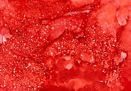 Poppy red textured with cracks.Colorful background hand drawn with bright inks and watercolor paints. Color splashes and splatters create uneven artistic modern design.の写真素材