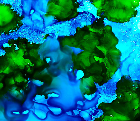 Textured blue uneven green paint flow.Colorful background hand drawn with bright inks and watercolor...