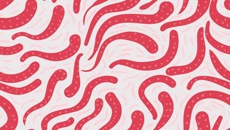 Repeating pattern with Abstract fluid wavy shapes with dots red on gray.Hand drawn seamless background with dots and wavy abstract seaweed.のイラスト素材