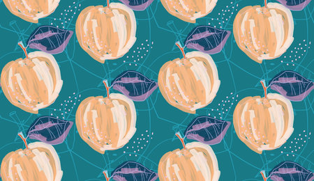 Repeating pattern with Rough abstract orange apples with leaf on bright green.Hand drawn with ink...