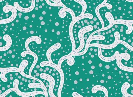 Repeating pattern with Abstract wavy seaweed growing shapes with dots green gray.Hand drawn seamless background with dots and wavy abstract seaweed.のイラスト素材