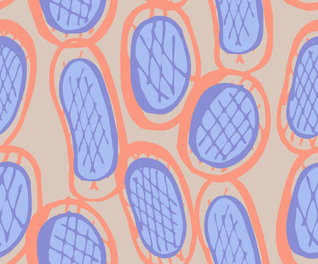 Repeating pattern with Abstract roughly hatched oval shapes with orange.Hand drawn with ink seamless...