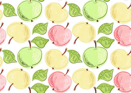Repeating pattern with Hand drawn with pencils apples on white .Hand drawn with ink and colored with marker brush seamless background. Creative seasonal design with abstract fruits.のイラスト素材