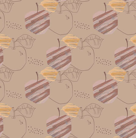 Repeating pattern with Rough abstract textured apples with leaf on light brown.Hand drawn with ink and colored with marker brush seamless background. Creative seasonal design with abstract fruits.のイラスト素材