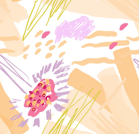 Roughly drawn spring flowers and seeds.Abstract seamless pattern. Universal bright background for...