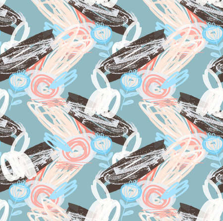 Rough drawn flower.Abstract seamless pattern. Universal bright background for greeting cards, invitations. Had drawn ink and marker watercolor texture.のイラスト素材