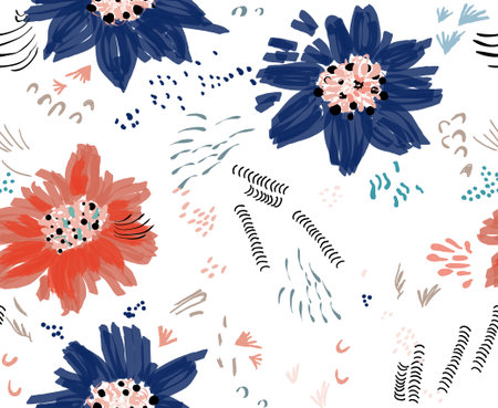 Roughly drawn spring flowers and seeds.Abstract seamless pattern. Universal bright background for...