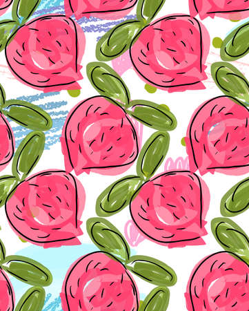 Rough doodled strawberries.Abstract seamless pattern. Universal bright background for greeting cards, invitations. Had drawn ink and marker watercolor texture.のイラスト素材