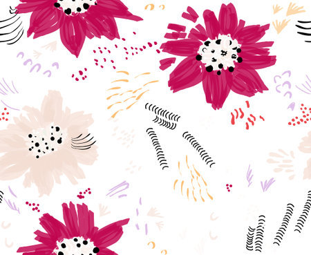 Roughly drawn spring flowers and seeds.Abstract seamless pattern. Universal bright background for greeting cards, invitations. Had drawn ink and marker watercolor texture.のイラスト素材